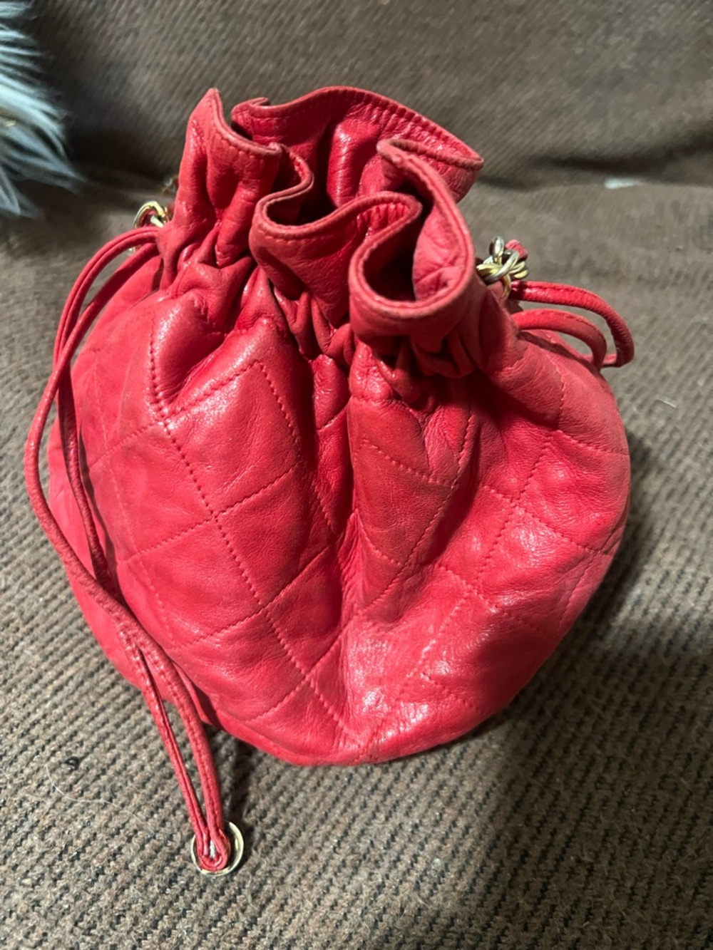 Vintage CHANEL Red Quilted Drawstring Crossbody Bag